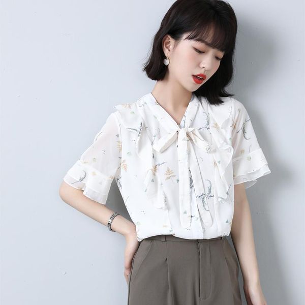 

women's blouses & shirts coigarsam short shirt womens summer print chiffon bow flare sleeve belt women design and color 8137, White