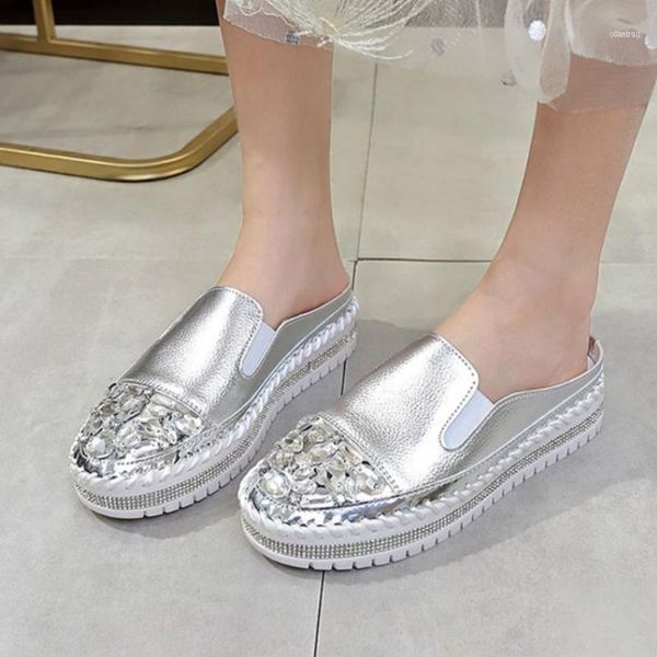 

slippers leather women crystal shoes ladies low heel outdoor slides summer sandals11, Black