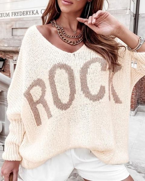 

women's sweaters letter print v-neck chunky knit oversized sweater 2021 autumn women casual loose long sleeve weaters top, White;black