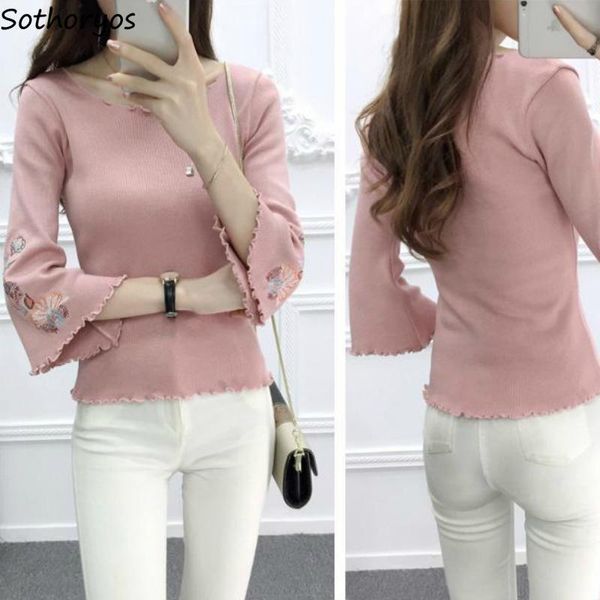 

women's sweaters pullover women solid embroidery fashion flare three quarter sleeve korean style slim knitted elegant womens chic simpl, White;black