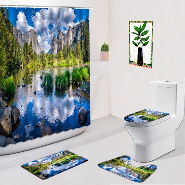 Duschvorhänge, Landschafts-Ölgemälde-Vorhang, 4-teiliges Set, Bergwasser, Stein, Waldlandschaft, rutschfester Teppich, Badematte, WC-Badezimmerteppich