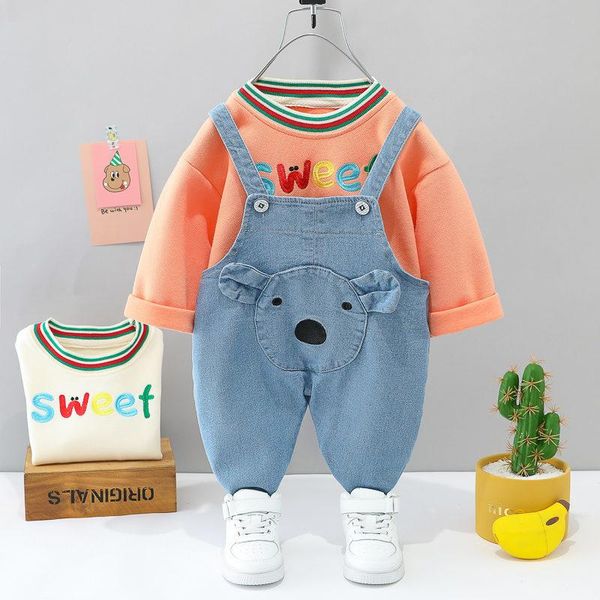 

clothing sets 2021 autumn baby boys girls cotton children t-shirt denim overalls jeans 2pcs/set fashion kids sport clothes trackusuit, White