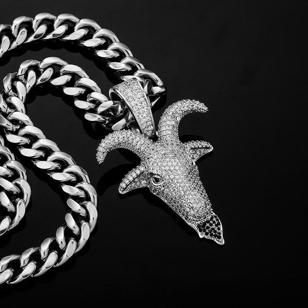 

hip hop micro paved cuibc zirconia bling iced out satan goat pendants necklaces for men rapper jewelry drop pendant, Silver