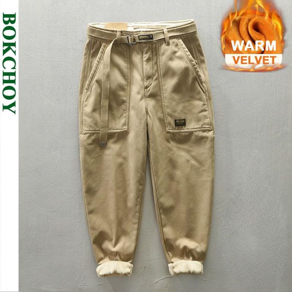 

men's pants 2021 autumn winter men inside velvet thick cargo korean style male casual loose belt mid waist pencil trouser ga-z378, Black