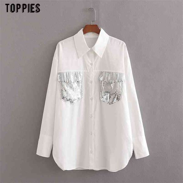 Moda lantejoulin tassel branco camisa primavera verão casual manga longa senhoras blusa elegante com botões 210421