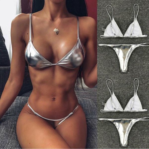 

women's swimwear itranyee solid two piece bronzing glossy womens bikini sets sleeveless sling briefs swimsuit bare midriff set, White;black