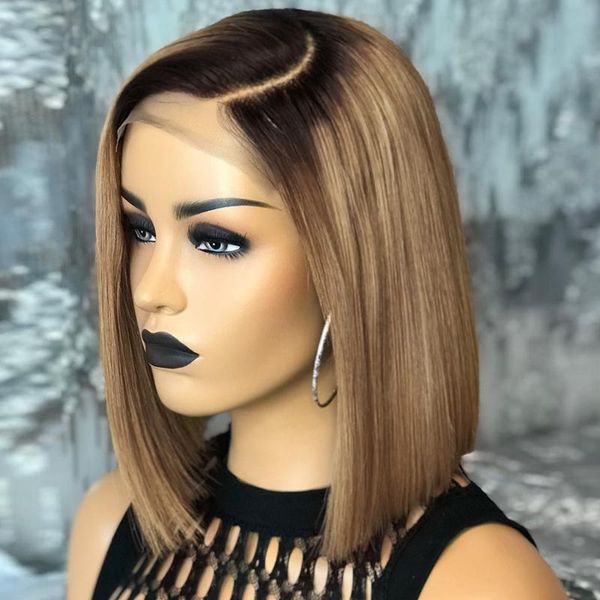 

lace wigs ombre ash blonde 180% 13*4 deep part front human hair wig straight bob short pre plucked brazilian remy for women, Black;brown