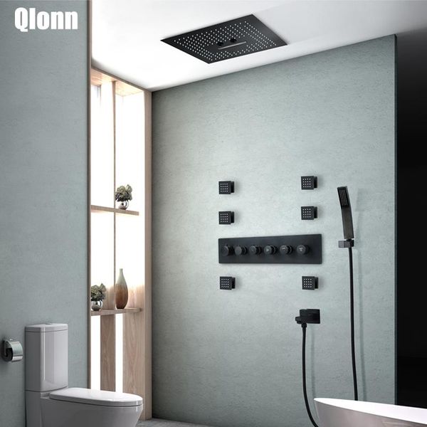 

luxury bathroom 400*400mm black rectanglewall-mounted shower head rainfall waterfall mist thermostatic brass faucets set sets