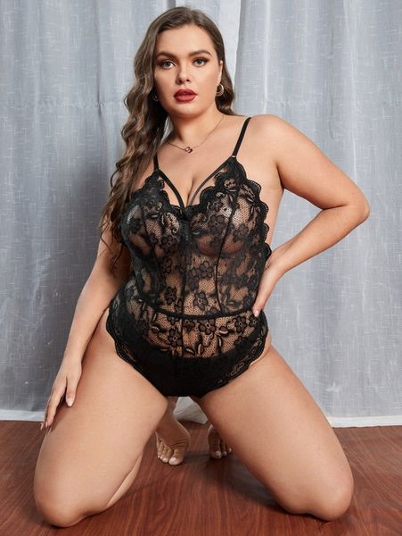 

plus floral lace scallop trim teddy bodysuit q2uf#, Black;white