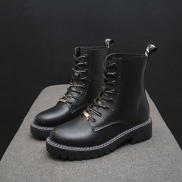 

boots 2021 winter british style women side zipper shallow anti-skid botas mujer fashion short tube thick heel leather, Black