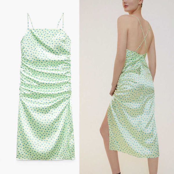 

za summer floral print long dress women sleeveless draped party dresses woman back zip backless slit satin green dress 210602, Black;gray