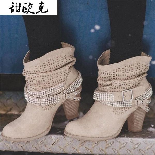 

boots 2021 buckle strap women winter retro pu leather shiny rivets square heel ankle shoes botines mujer, Black