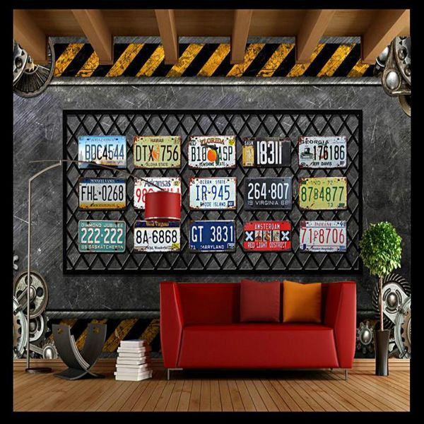 

wallpapers 3d wall paper vintage decorative painting wallpaper for walls home improvement retro industrial wind gear license plate mural