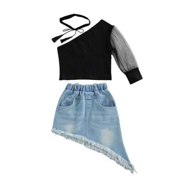 

pcs infant summer outfits, baby girl mesh sleeve one shoulder t-shirt + irregular denim skirt tie-up fringe neck adornment clothing sets, White