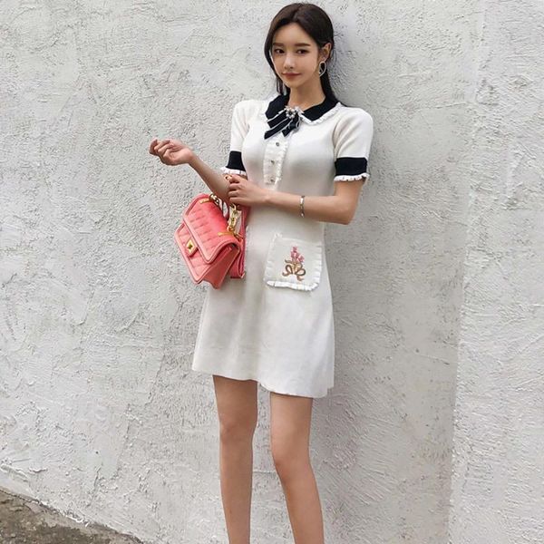 

casual dresses 2021 summer fashion korean knitted dress women bow turn-down stretch embroidered flower pocket vestidos robe femme, Black;gray