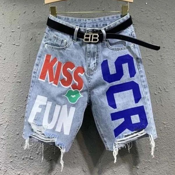 

women's shorts women summer denim fashion letter print knee length female loose plus size high waist hole straight jeans, White;black