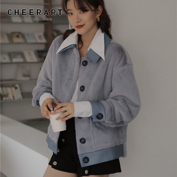 

grey faux mink fur coat women winter fashion fluffy jacket patchwork blue korean designer clothes 210427, Black