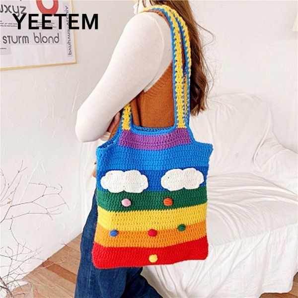 

evening bags boolar creative autumn winter rainbow cloud knitting portable wild hit color shoulder bag woven storage wool female