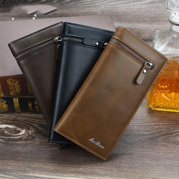

big capacity purse men handmade leather soft cuero wallet billfold long zipper coin holders multi layer wallets1, Red;black