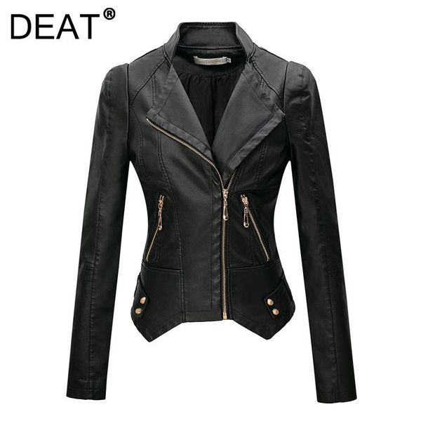 

women's leather & faux [deat] 2021 autumn fashion tide long sleeve turn-down collar solid color zipper loose pu jacket women 13z954, Black