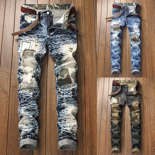 

men's jeans mens straight pants slim fits casual patchwork ripped denim trousers, Blue