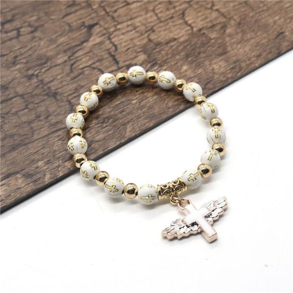 

beaded, strands cross charm bracelet for women angel pendant beads christian religious prayer jewelry, Black