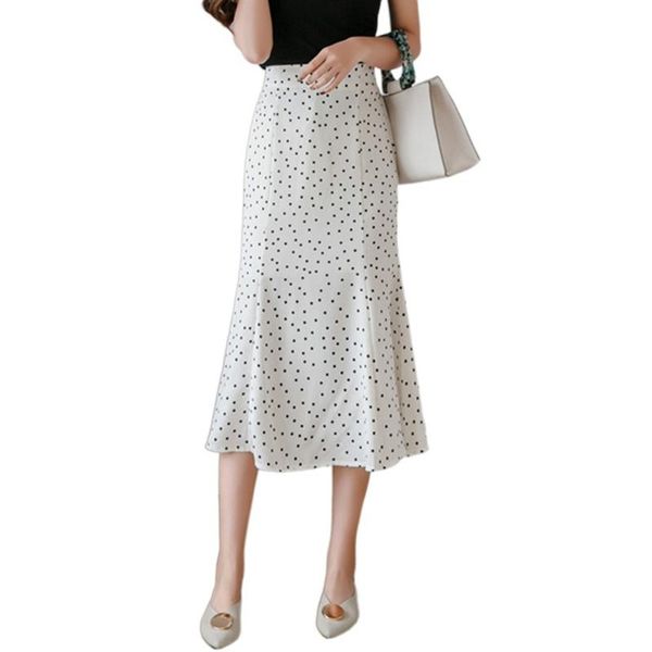 

skirts spring summer chiffon skirt women 2021 elastic high waisted trumpet skinny long female dot elegant slim home wear, Black