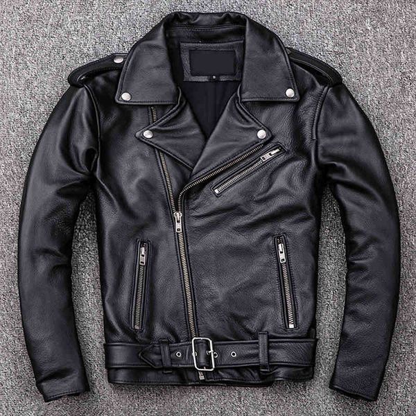 

Spring Classical Motorcycle oblique zipper s Men Leather Natural Calf Thick Slim Cowhide Moto et, Black