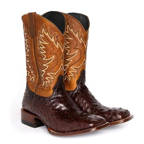 

women boots 2020 fashion floral embroidered women shoes cowgirl mid-calf riding boots leather vintage riding, Black