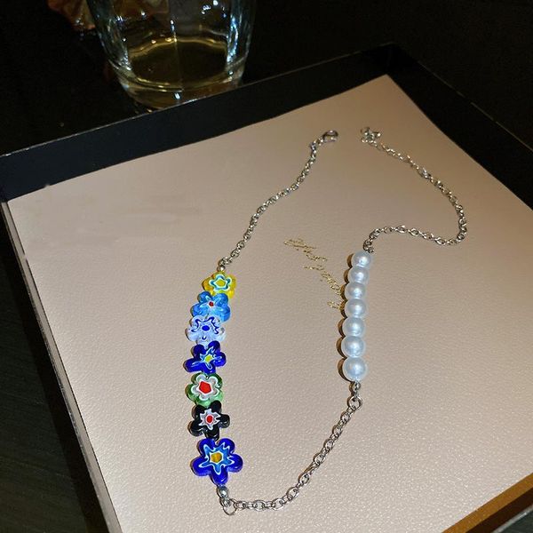

chokers summer bohemian imitation pearl necklace for women girls asymmetric choker multicolor flower beads jewelry, Golden;silver