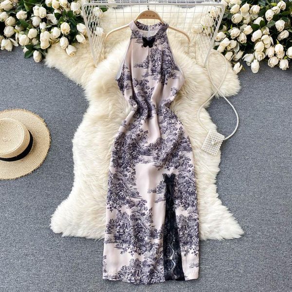

casual dresses improved cheongsam 2021 vestidos women's hanging neck strapless temperament self-cultivation retro printed midi dress dk, Black;gray