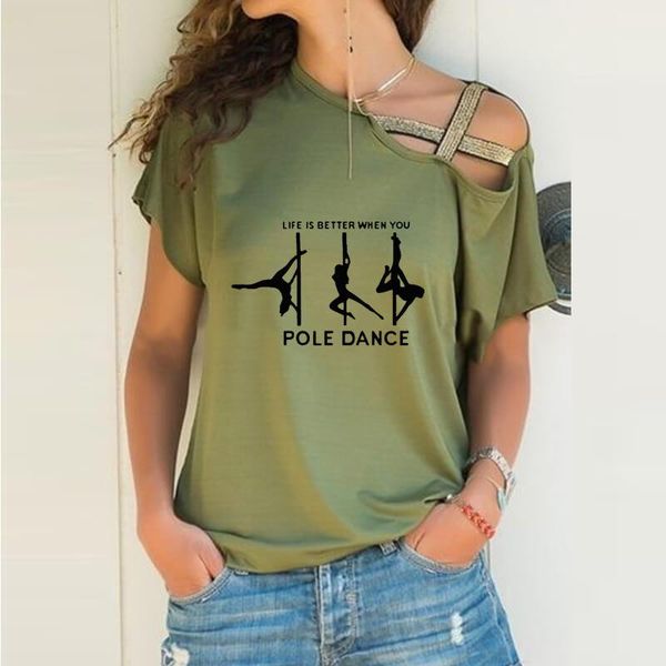 

women's t-shirt life is better pole dance print loose irregular women skew neck cross bandage for female lover gift, White