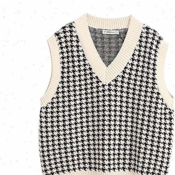 

stylish chic houndstooth plaid sleeveless womens sweaters fashion v neck pullovers elegant ladies casual jumpers, White;black