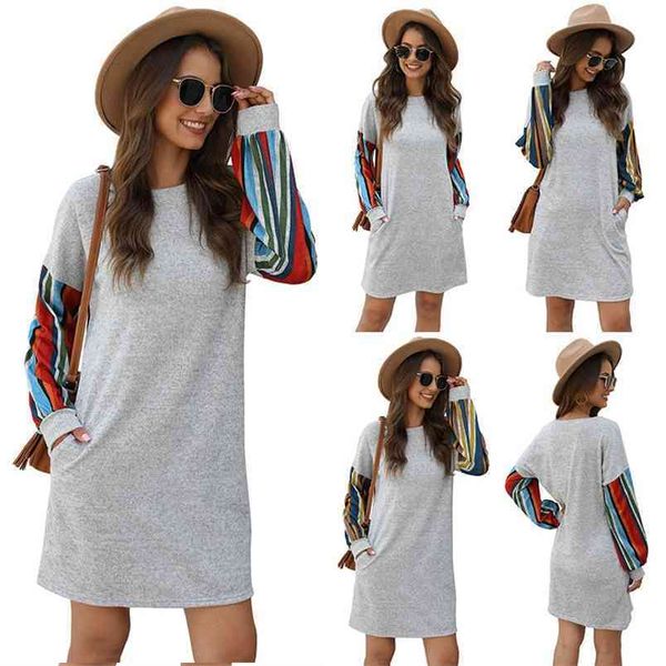 

color stripe stitching crew neck loose dress autumn women's fashion casual straight tube pullover plu size 210522, Black;gray