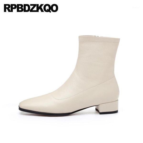 

boots side zip shoes women ankle short beige square toe autumn 2021 genuine leather chunky black block handmade fall zipper1