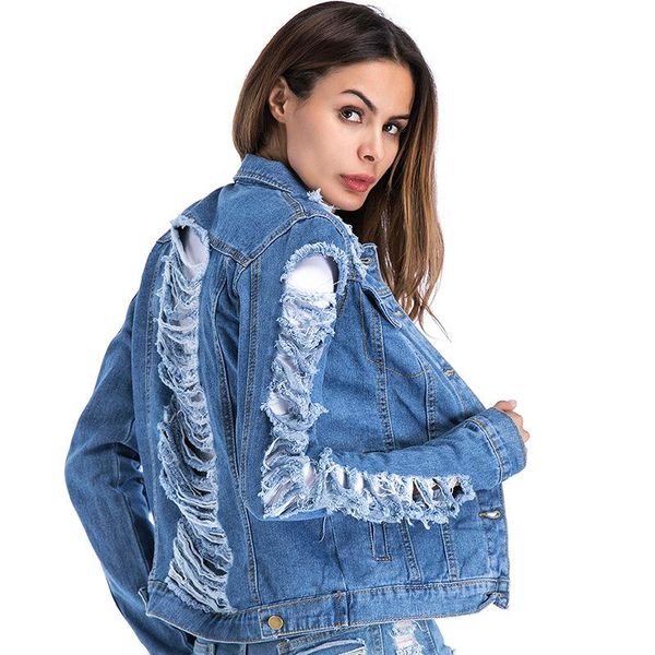 

hand frayed big hole women's jeans jacket female plus-sized blue coat streetwear 2021 spring autumn full jackets, Black;brown