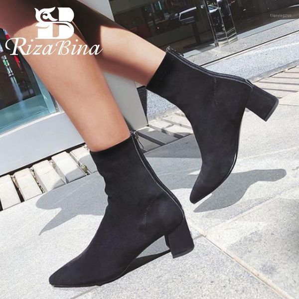 

boots rizabina woman ankle real leather pointed toe thick heel winter shoes women fashion short size 34-421, Black