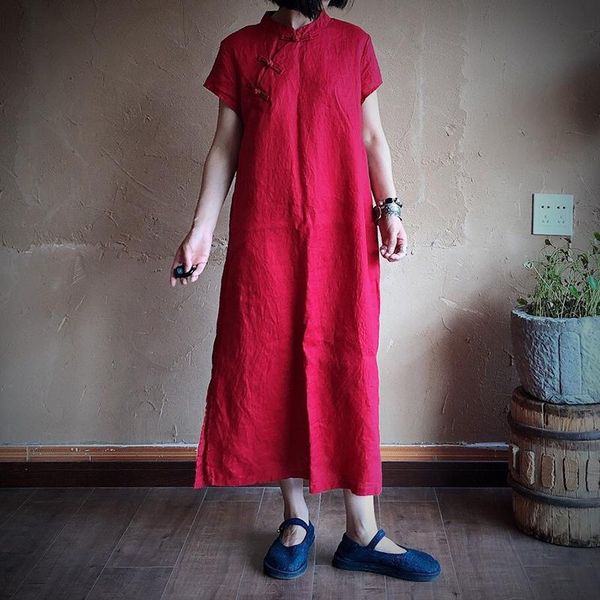 

women loose retro chinese style dress o-neck short sleeve 2021 summer linen vintage casual red dresses, Black;gray