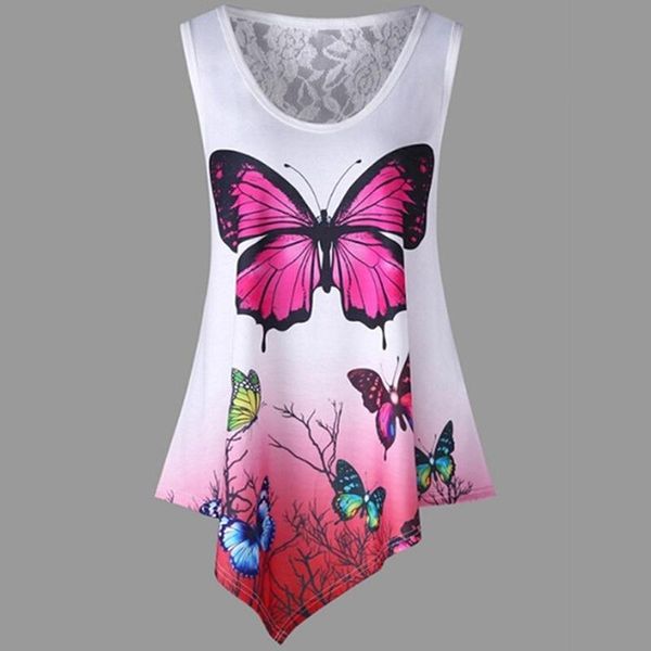 

women's t-shirt 3xl big sizes 2021 summer women t shirt casual sleeveless irregular butterfly print loose plus size female top, White