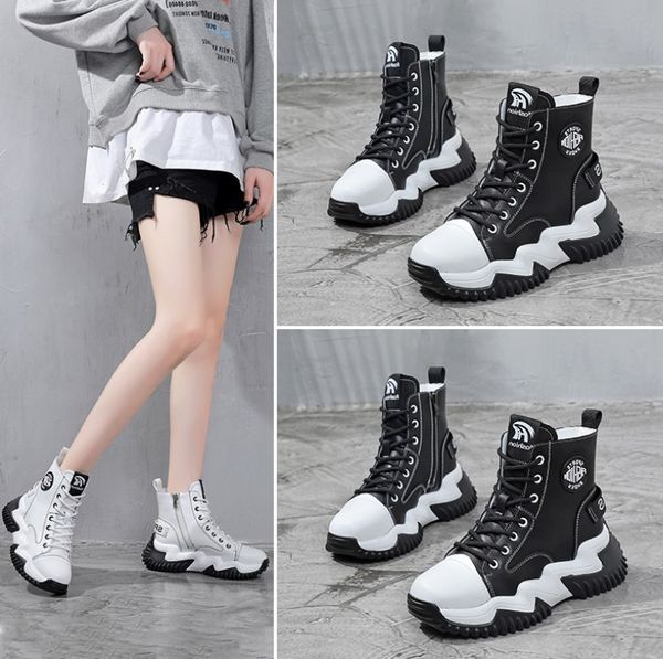 

women heel snow boots leather ankle chunky martin shoes print platform desert lace-up boot, Black