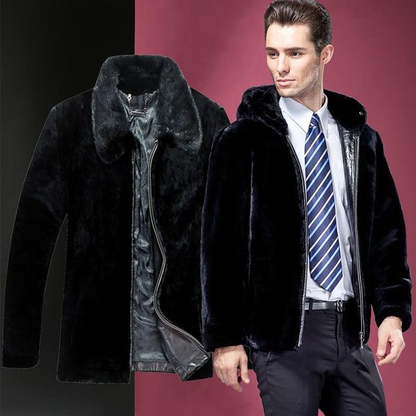 

men's leather & faux real sheep shearling natural wool coat autumn winter men collar hooded jacket s14d315 kj863, Black