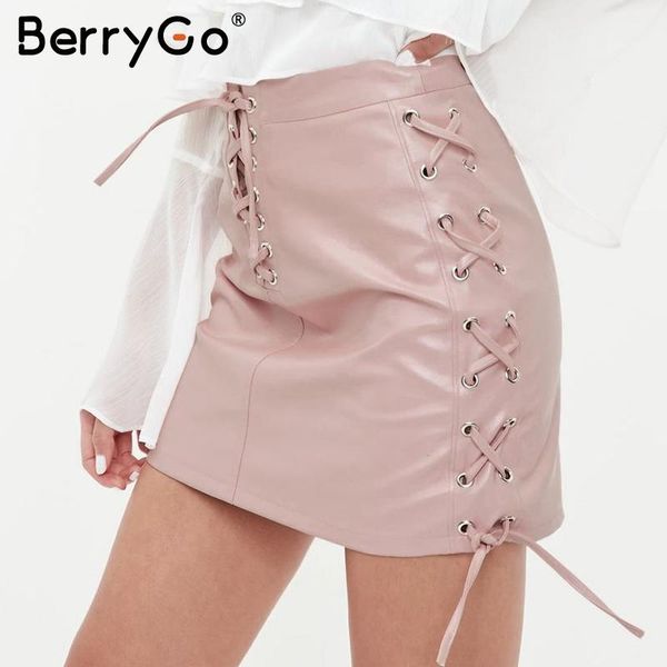 

skirts berrygo lace up pu leather summer women casual high waist mini 2021 autumn winter black female bottom