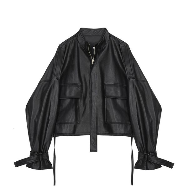 

women's suits & blazers original design female's bat leather jacket blazer drawstring strap leather short jacket motorcycle oijf, White;black