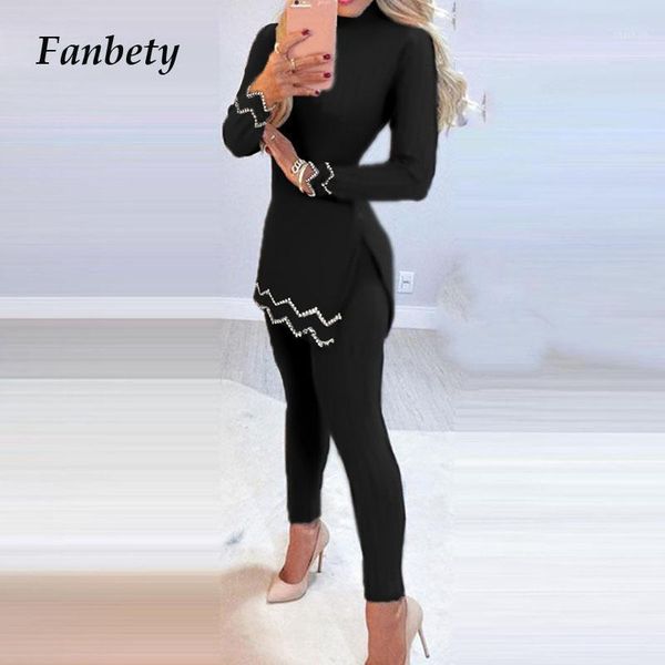 

fashion casual o-neck two-piece sets women elegant beaded side slit long sleeve and skinny pant female slim set women's tracksuits, Gray