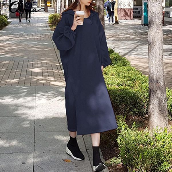 

casual dresses 2021 fashion long sleeve hooded robe winter solid hoodies dress celmia women autumn loose sweatshirt vestido streetwear, Black;gray