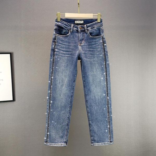 

fashion rhinestones jeans female trouser 2021 spring cotton high waist loose straight-leg pants woman blue women jean women's