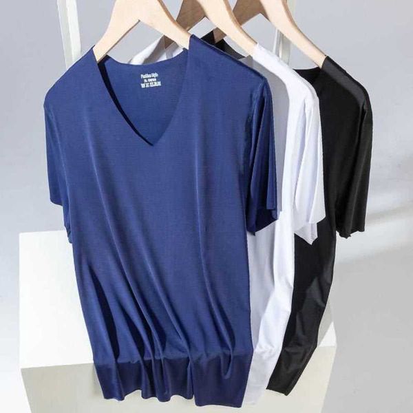 

t-shirt summer thin seamless ice short v-neck high elastic cut solid color large base shirt, White;black