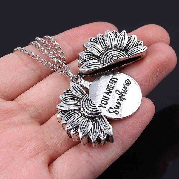 

you are my sunshine flower necklace for women open locket sunflower pendant, Silver