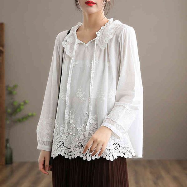 

johnature women embroidery floral pullover t-shirts sweet solid color spring long sleeve ruffled collar mori girl t-shirts 210521, White