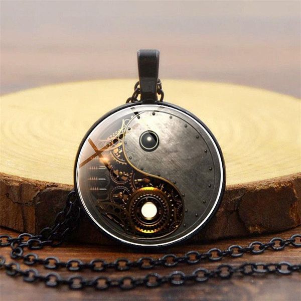 

steampunk time sign necklace gothic black chain personality glass dome pendant fashion mens game jewelry necklaces, Silver